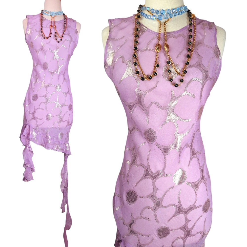 NEW Delfi Collective Sheer Floral Metallic Ruffle Womens Medium Large Purple